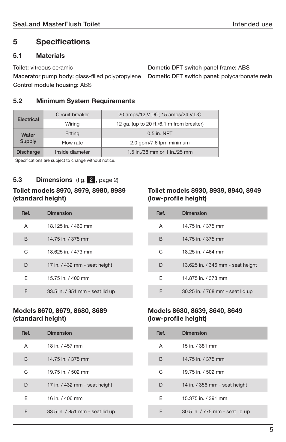 Specifications, 5 specifications, 1 materials | SeaLand 8900 Series MasterFlush Operation Manual User Manual | Page 5 / 12
