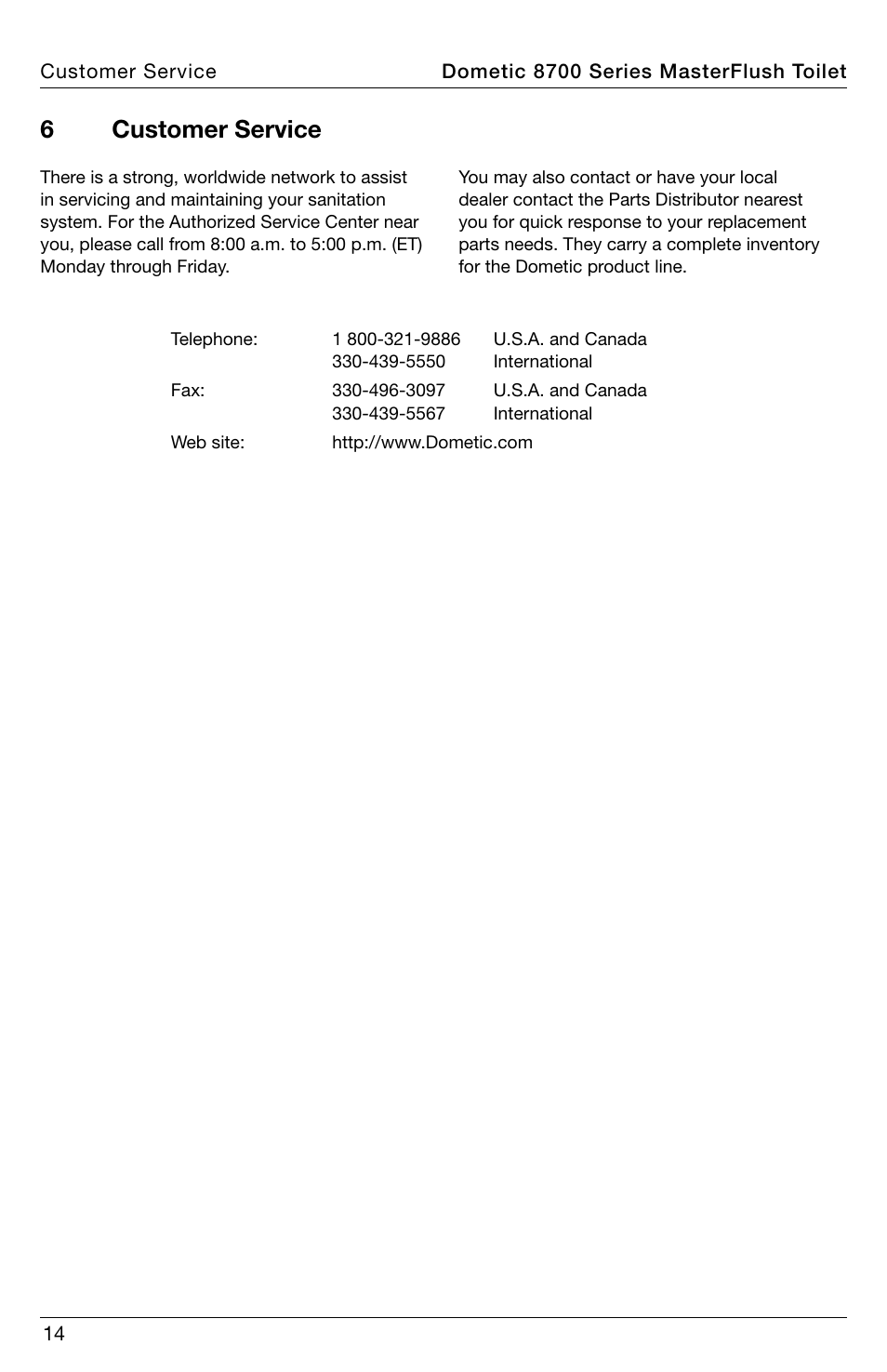 Customer service, 6customer service | SeaLand 8700 Series MasterFlush Toilet Installation User Manual | Page 14 / 16