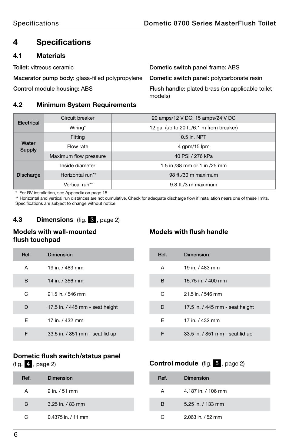 Specifications, 4 specifications, Models with flush handle control module | 1 materials | SeaLand 8700 Series MasterFlush Toilet Installation User Manual | Page 6 / 16