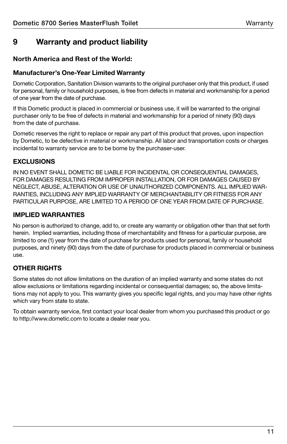 Warranty and product liability, 9warranty and product liability | SeaLand 8700 Series MasterFlush Toilet Operation Manual User Manual | Page 11 / 12