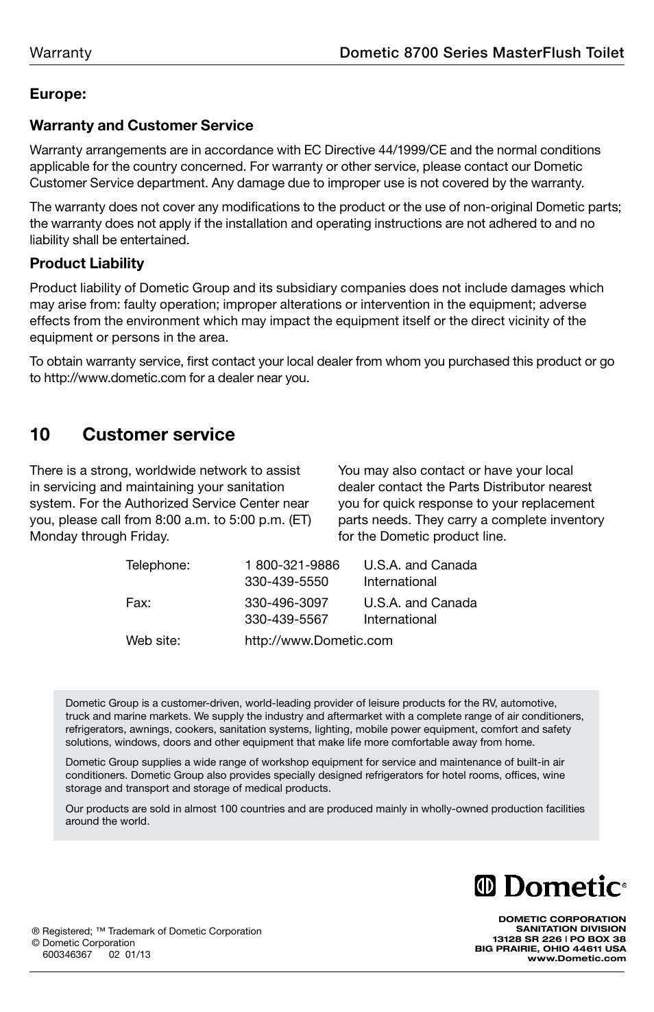 Customer service, 10 customer service | SeaLand 8700 Series MasterFlush Toilet Operation Manual User Manual | Page 12 / 12