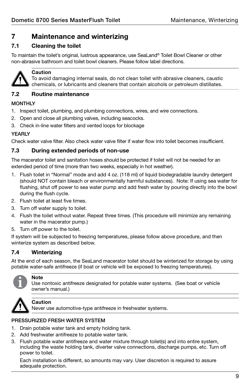 Maintenance and winterizing, 7maintenance and winterizing | SeaLand 8700 Series MasterFlush Toilet Operation Manual User Manual | Page 9 / 12