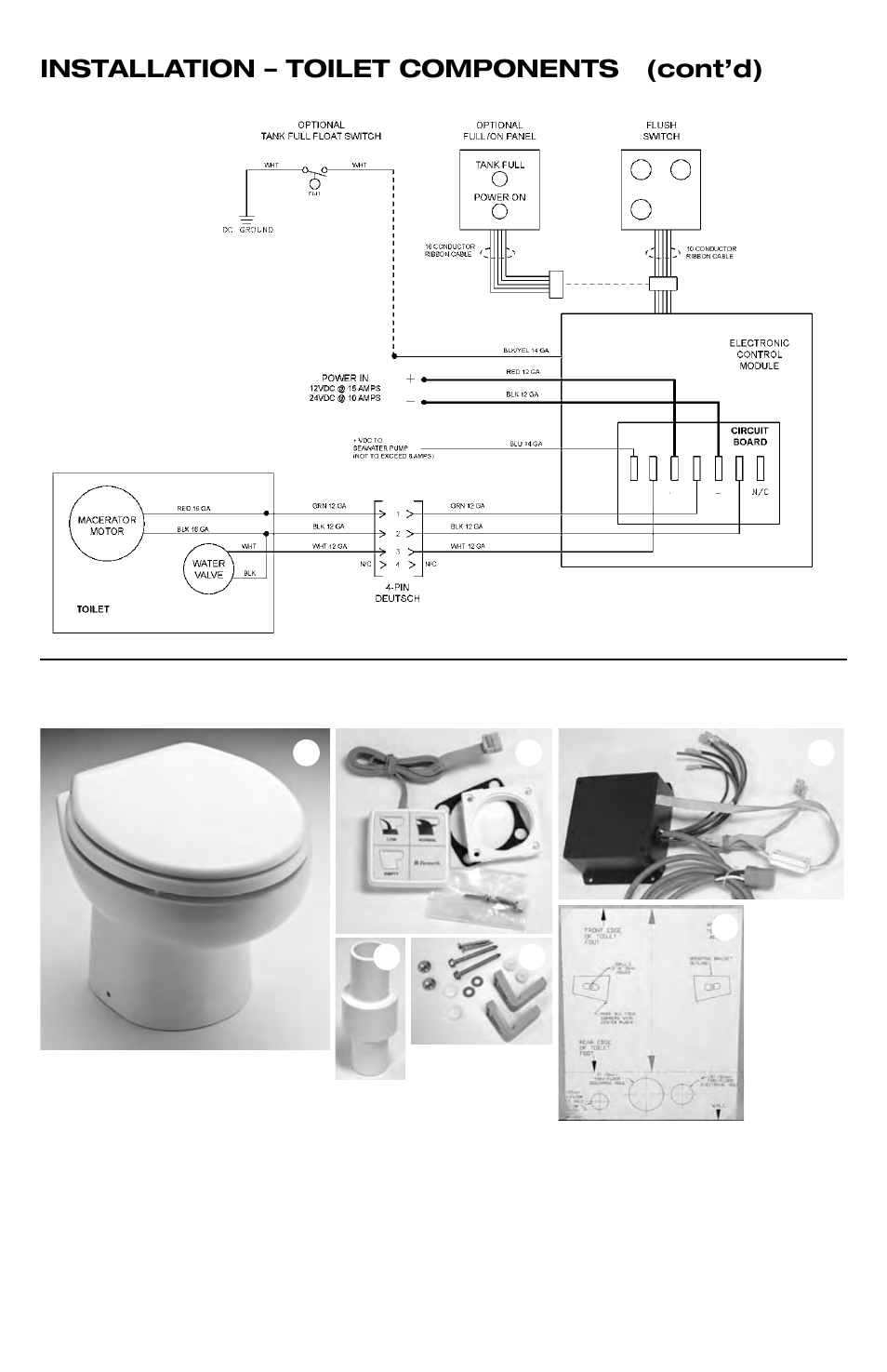 Wiring diagram, Toilet system components, Installation – toilet components (cont’d) | SeaLand 8800 Series MasterFlush User Manual | Page 10 / 21