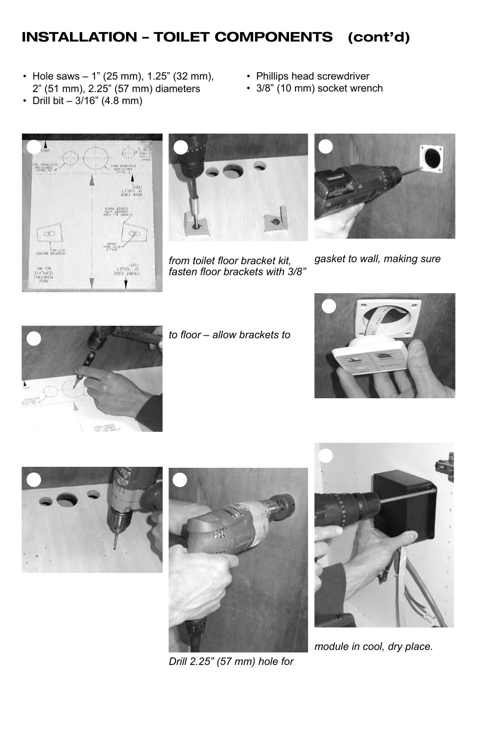 Tools required, Through-the-floor connections, Installation – toilet components (cont’d) | SeaLand 8800 Series MasterFlush User Manual | Page 11 / 21