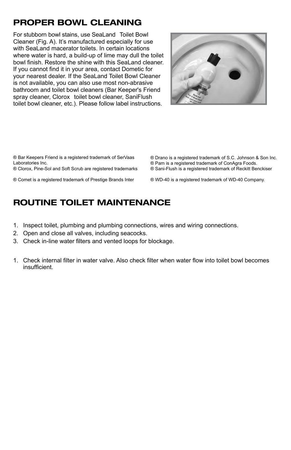 Toilet bowl cleaning, Routine maintenance, Proper bowl cleaning | Routine toilet maintenance | SeaLand 8800 Series MasterFlush User Manual | Page 14 / 21