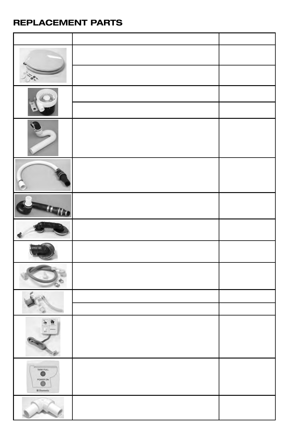 Replacement parts, Description item number | SeaLand 8800 Series MasterFlush User Manual | Page 18 / 21