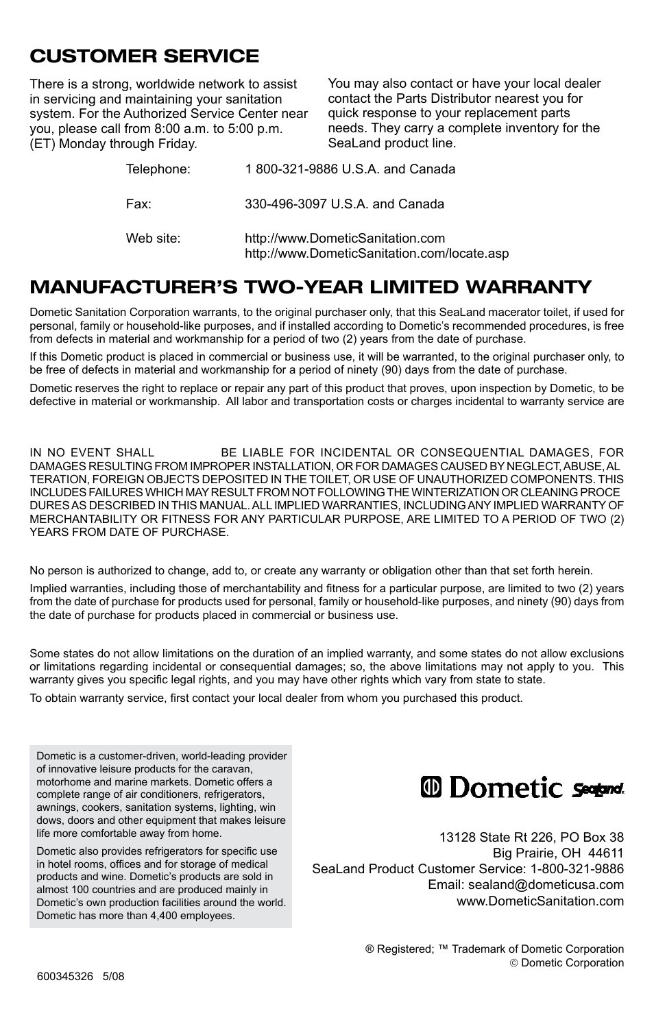 Customer service, Warranty | SeaLand 8800 Series MasterFlush User Manual | Page 20 / 21