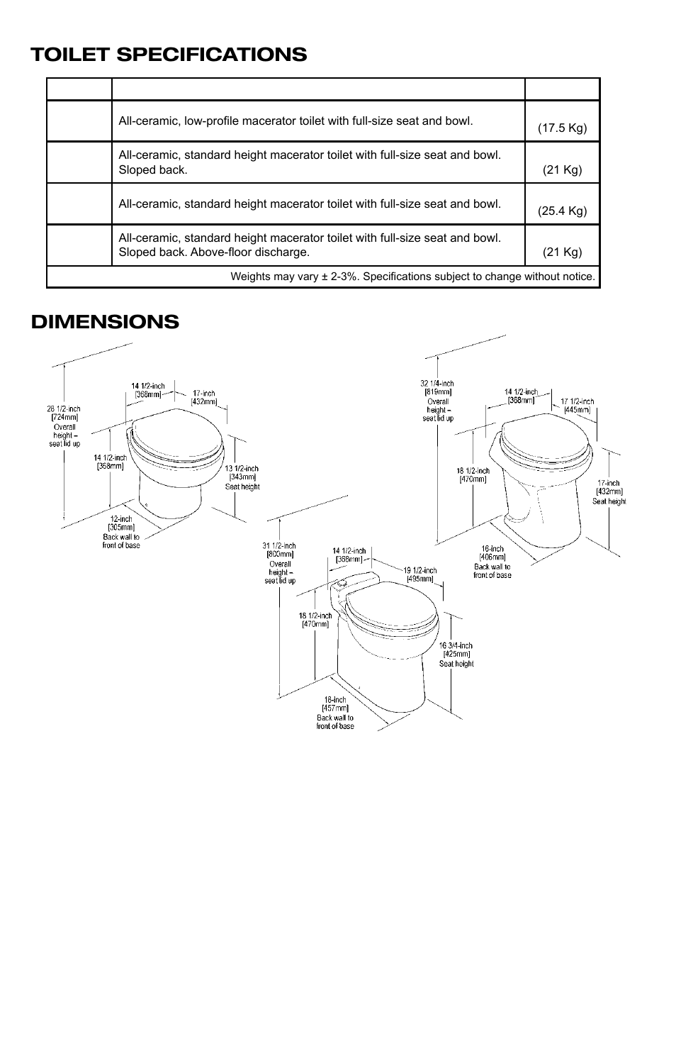Toilet specifications, Dimensions | SeaLand 8800 Series MasterFlush User Manual | Page 3 / 21