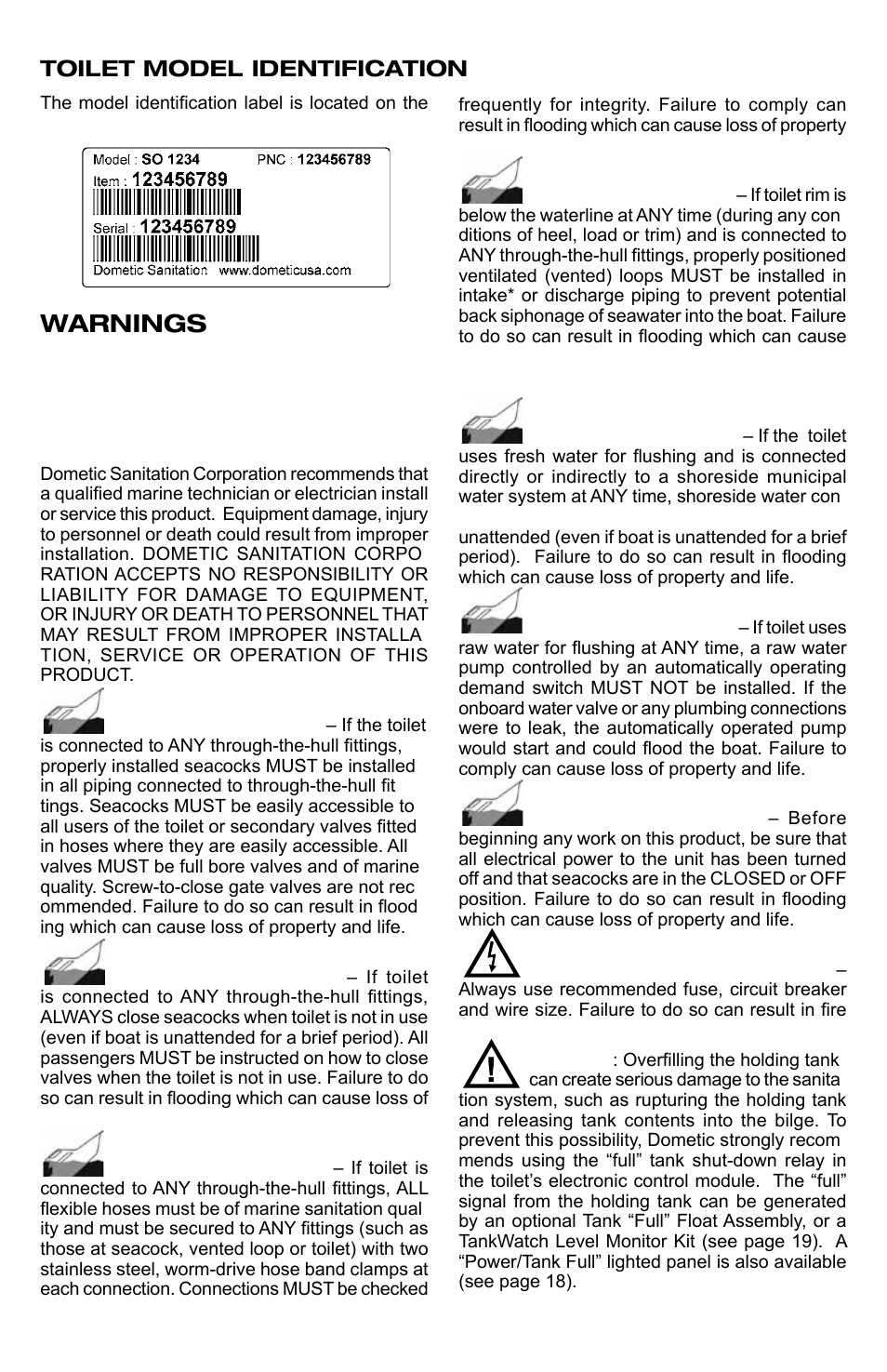 Toilet model identification, Warnings | SeaLand 8800 Series MasterFlush User Manual | Page 4 / 21