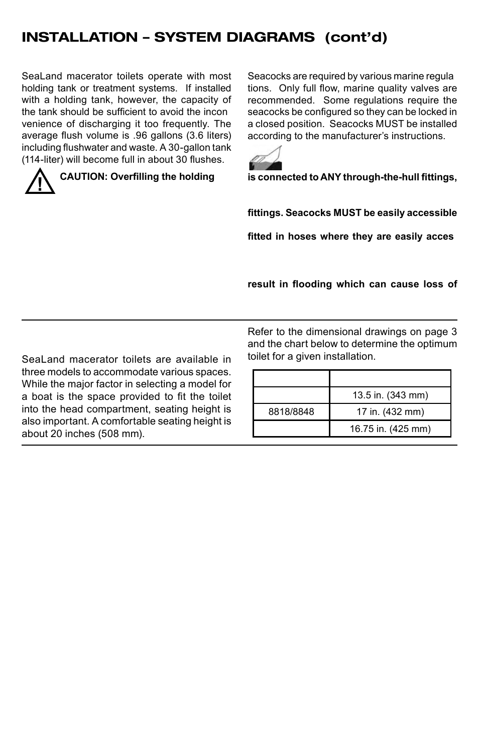 Holding tanks, Seacocks, Riser step, plinth | Installation – system diagrams (cont’d) | SeaLand 8800 Series MasterFlush User Manual | Page 8 / 21