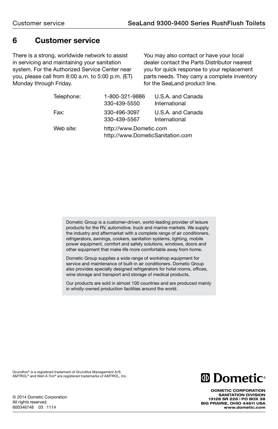 Customer service, 6customer service | SeaLand 9400 Series RushFlush Installation User Manual | Page 12 / 12