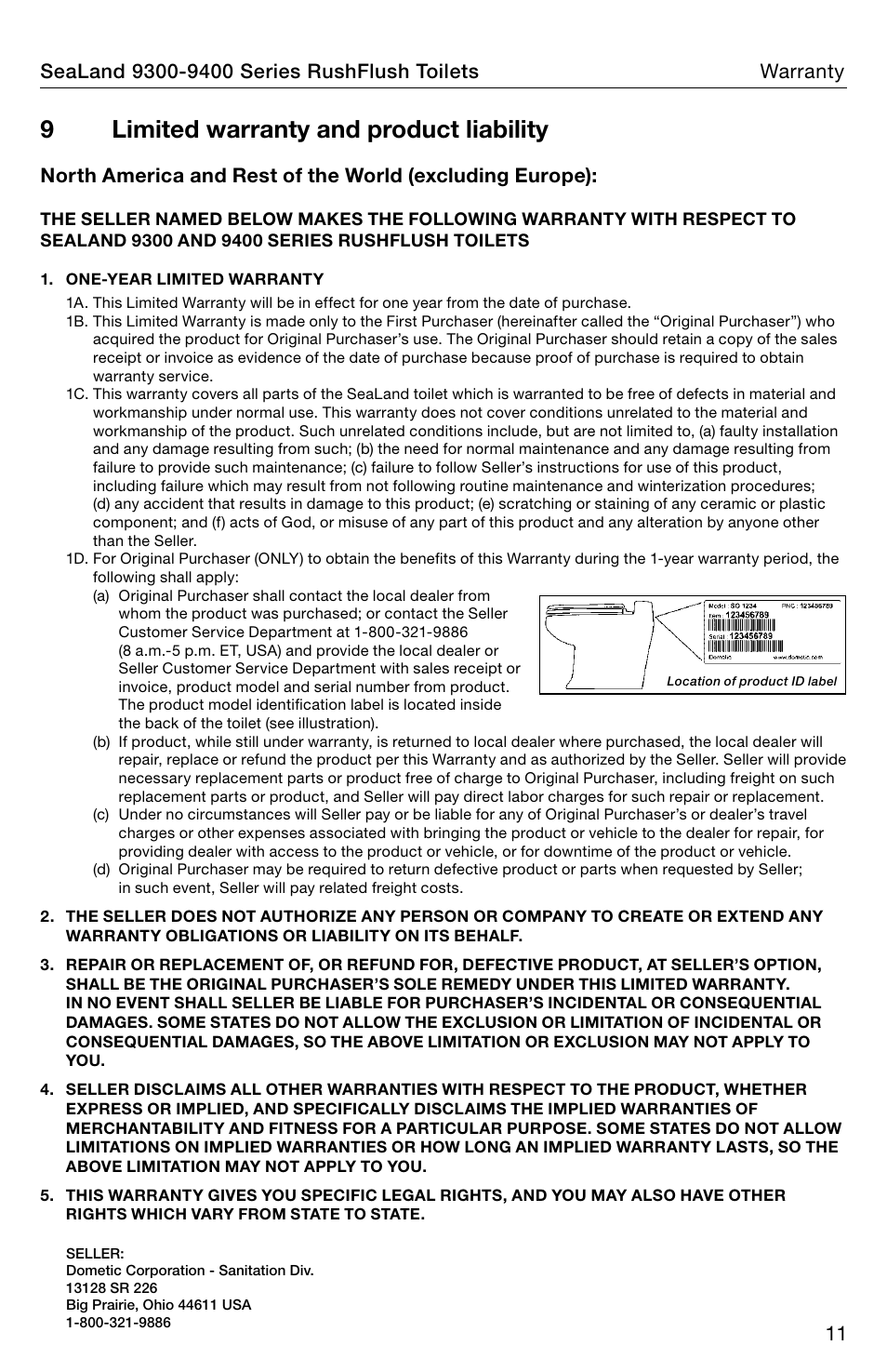 Limited warranty, 9limited warranty and product liability | SeaLand 9400 Series RushFlush Operation Manual User Manual | Page 11 / 12