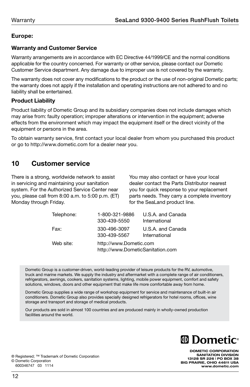 Customer service, 10 customer service | SeaLand 9400 Series RushFlush Operation Manual User Manual | Page 12 / 12