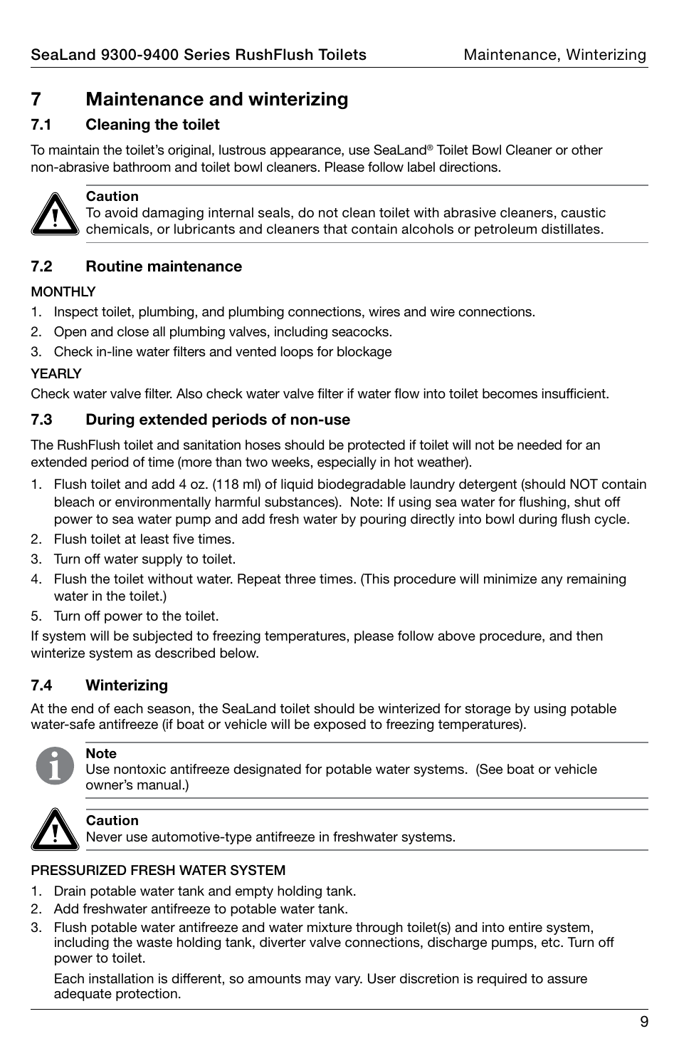 Maintenance and winterizing, 7maintenance and winterizing | SeaLand 9400 Series RushFlush Operation Manual User Manual | Page 9 / 12