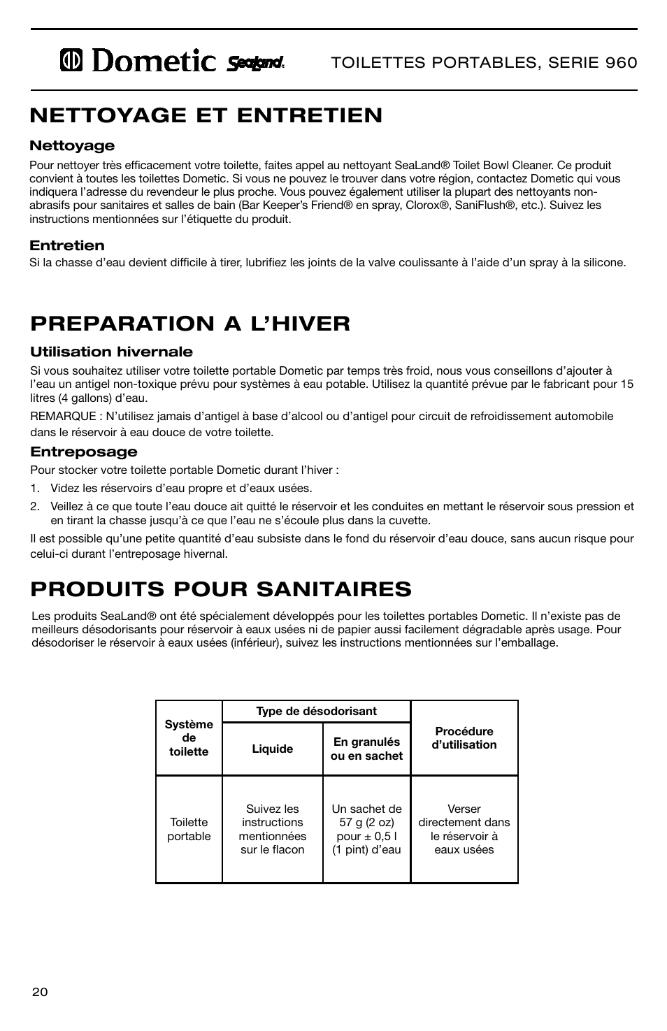 Toilettes portables, serie 960 | SeaLand 966 Series User Manual | Page 20 / 72