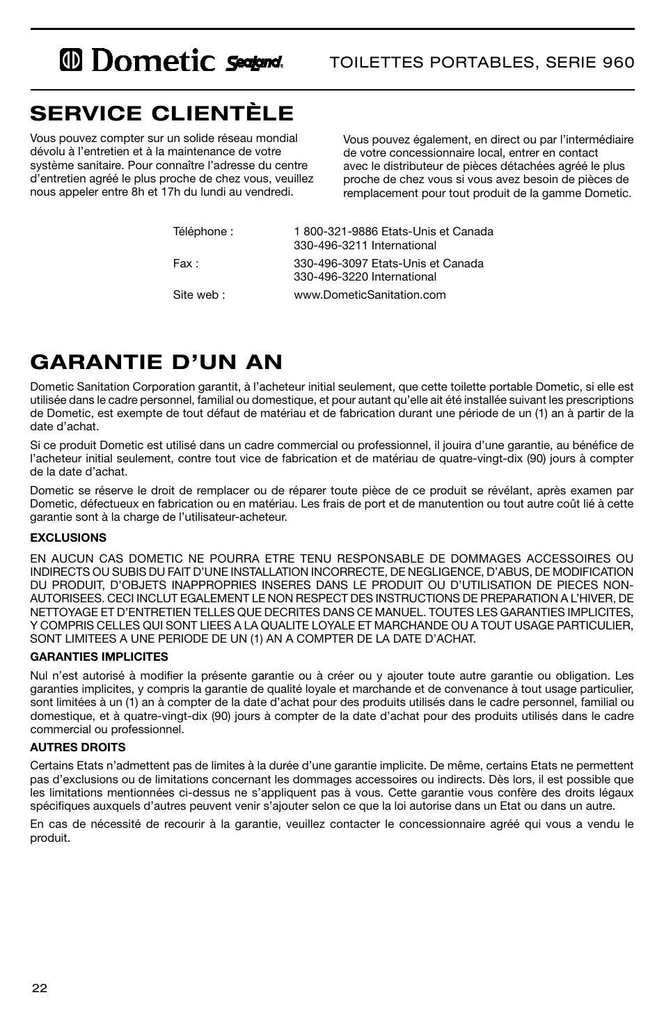 Garantie d’un an service clientèle, Toilettes portables, serie 960 | SeaLand 966 Series User Manual | Page 22 / 72