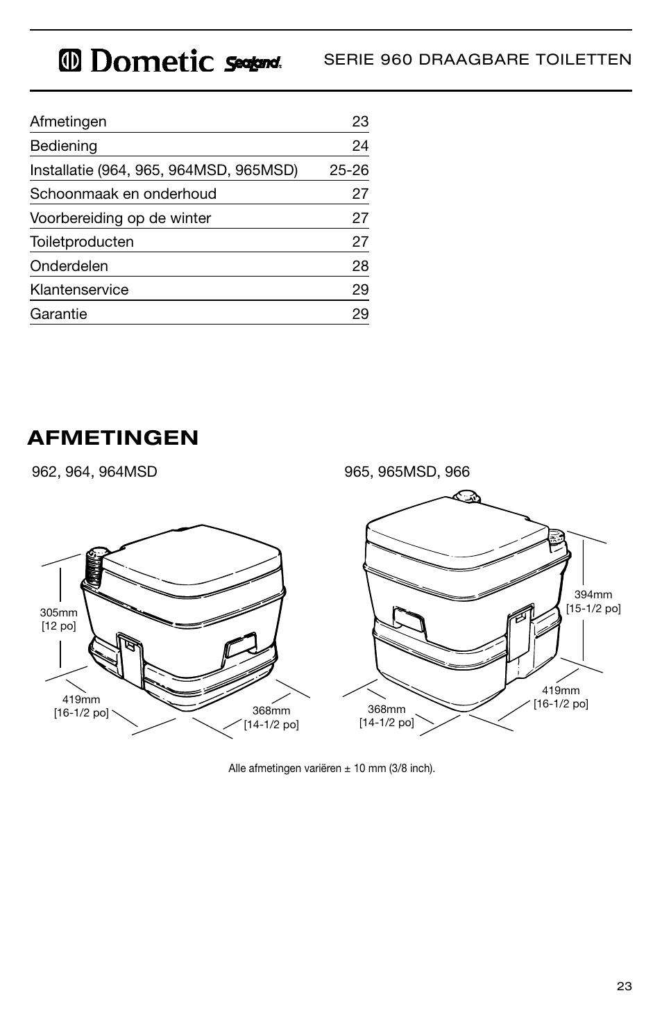 Afmetingen | SeaLand 966 Series User Manual | Page 23 / 72
