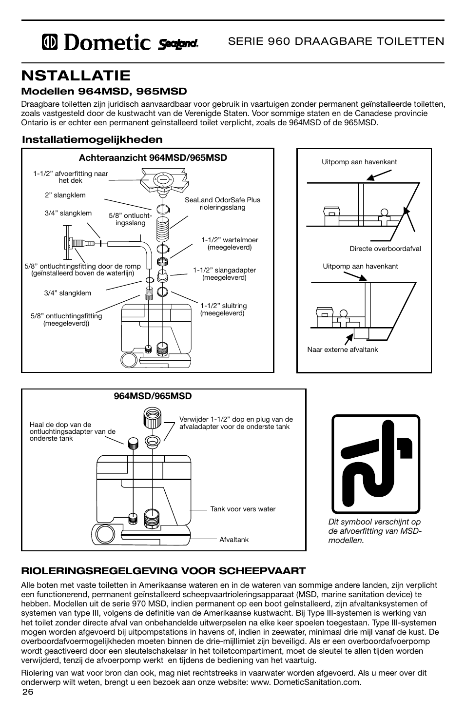 Nstallatie, Serie 960 draagbare toiletten, Installatiemogelijkheden | SeaLand 966 Series User Manual | Page 26 / 72
