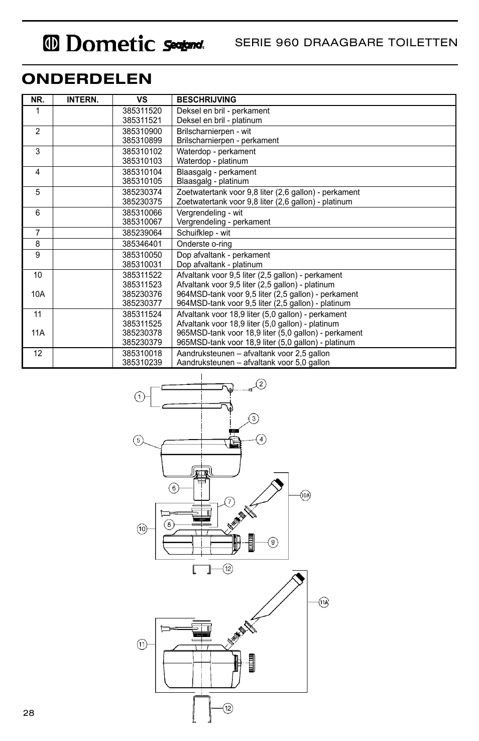 Onderdelen, Serie 960 draagbare toiletten | SeaLand 966 Series User Manual | Page 28 / 72