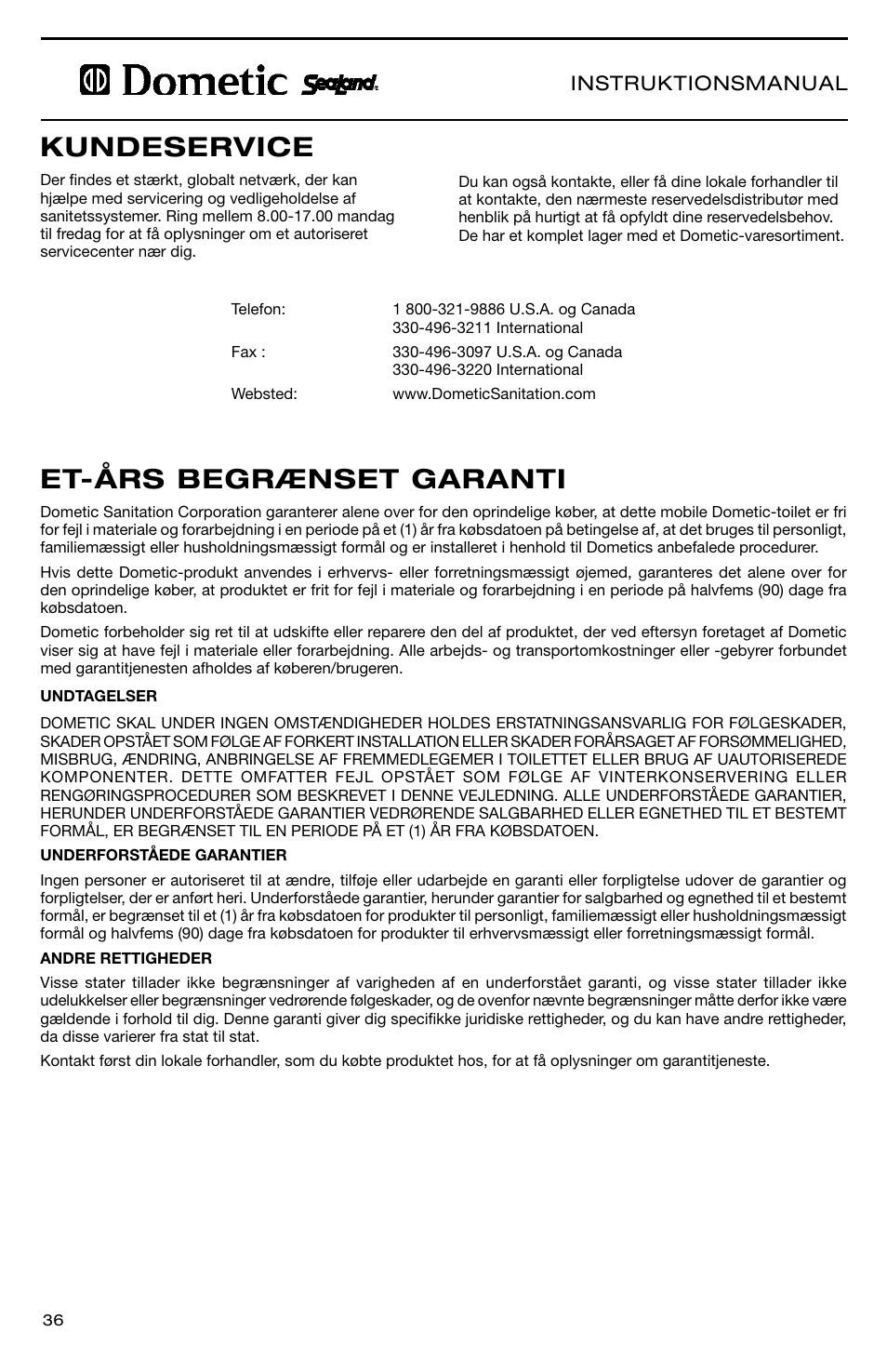 Et-års begrænset garanti kundeservice, Instruktionsmanual | SeaLand 966 Series User Manual | Page 36 / 72