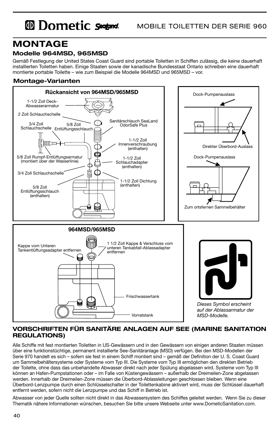 Montage, Mobile toiletten der serie 960, Montage-varianten | SeaLand 966 Series User Manual | Page 40 / 72