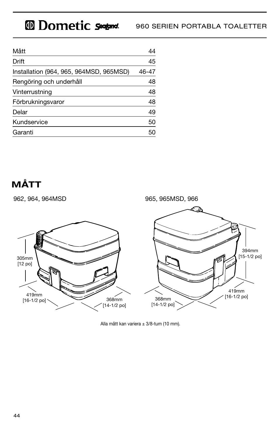 Mått | SeaLand 966 Series User Manual | Page 44 / 72
