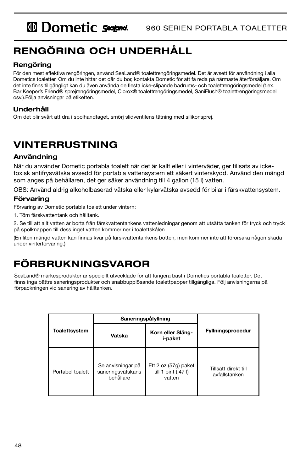 960 serien portabla toaletter | SeaLand 966 Series User Manual | Page 48 / 72