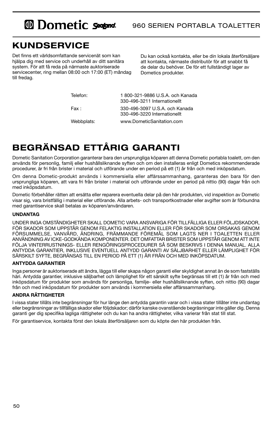 Begränsad ettårig garanti kundservice, 960 serien portabla toaletter | SeaLand 966 Series User Manual | Page 50 / 72