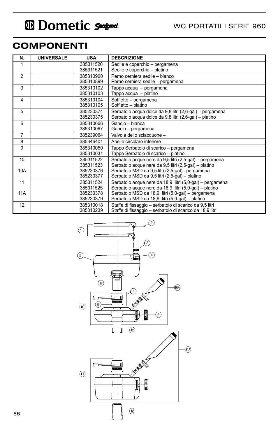 Componenti, Wc portatili serie 960 | SeaLand 966 Series User Manual | Page 56 / 72
