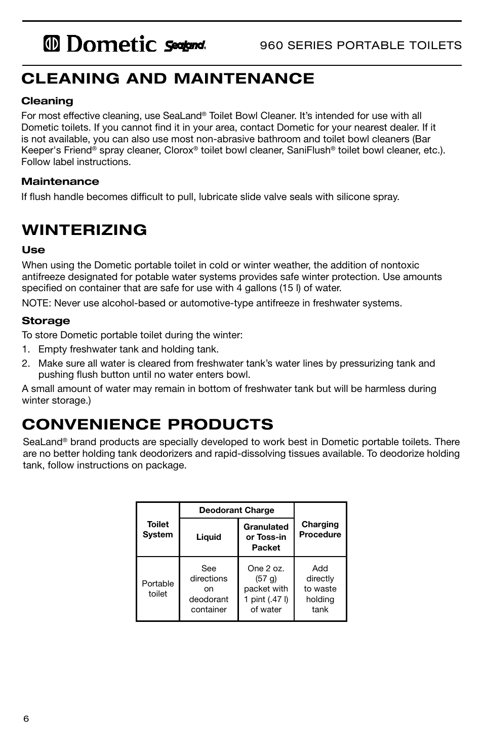 960 series portable toilets | SeaLand 966 Series User Manual | Page 6 / 72