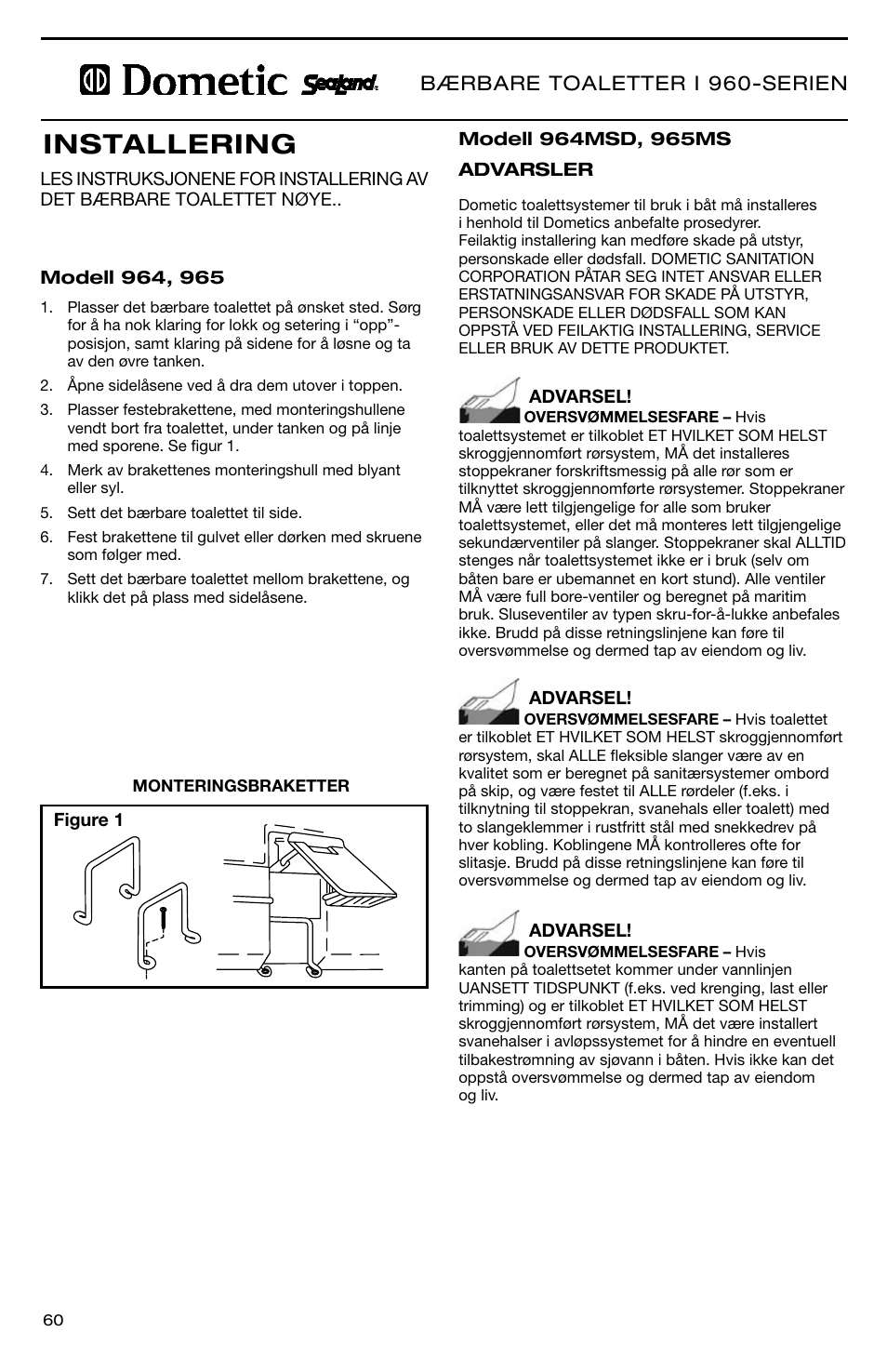 Installering, Bærbare toaletter i 960-serien | SeaLand 966 Series User Manual | Page 60 / 72