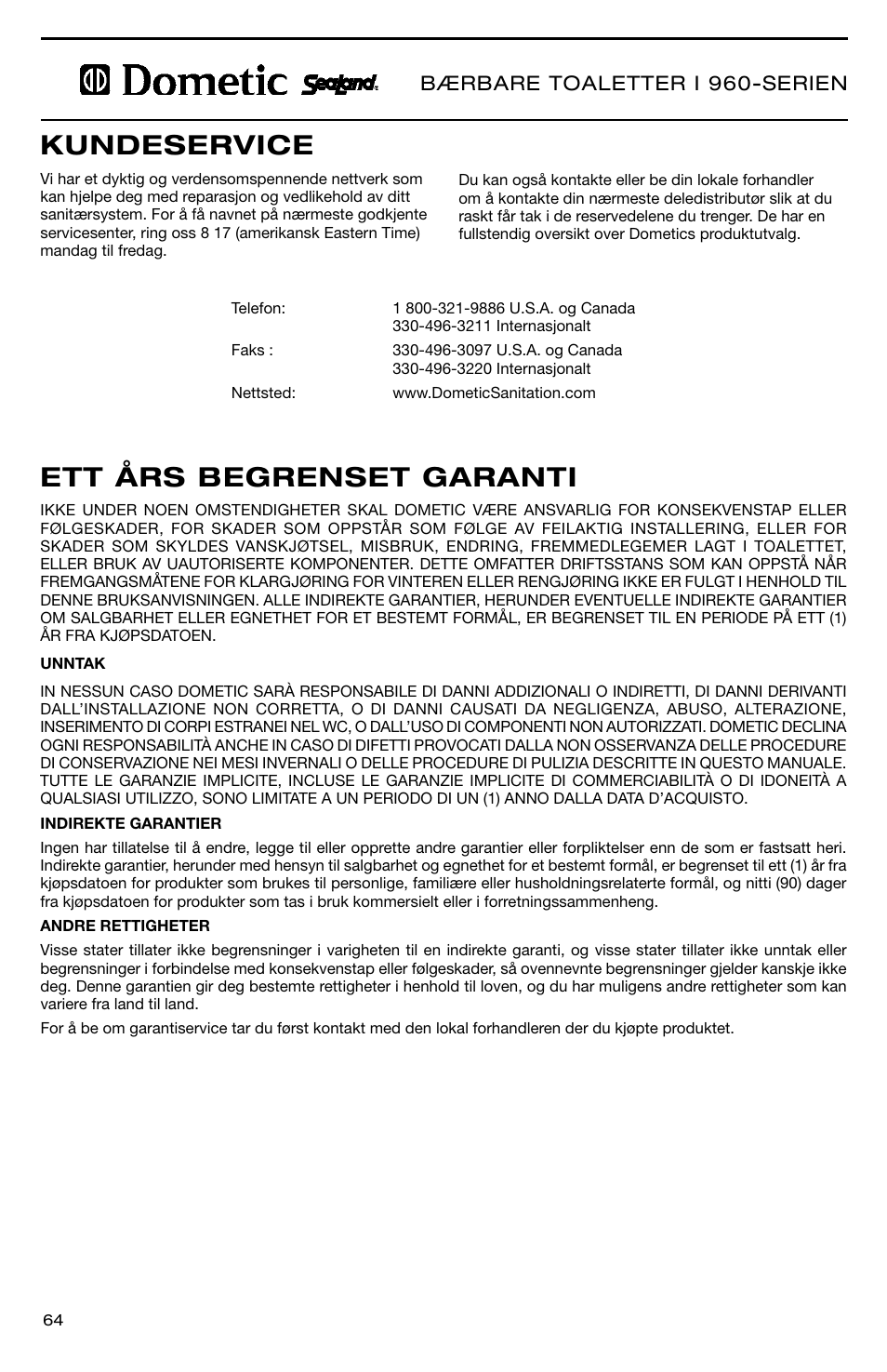 Ett års begrenset garanti kundeservice, Bærbare toaletter i 960-serien | SeaLand 966 Series User Manual | Page 64 / 72