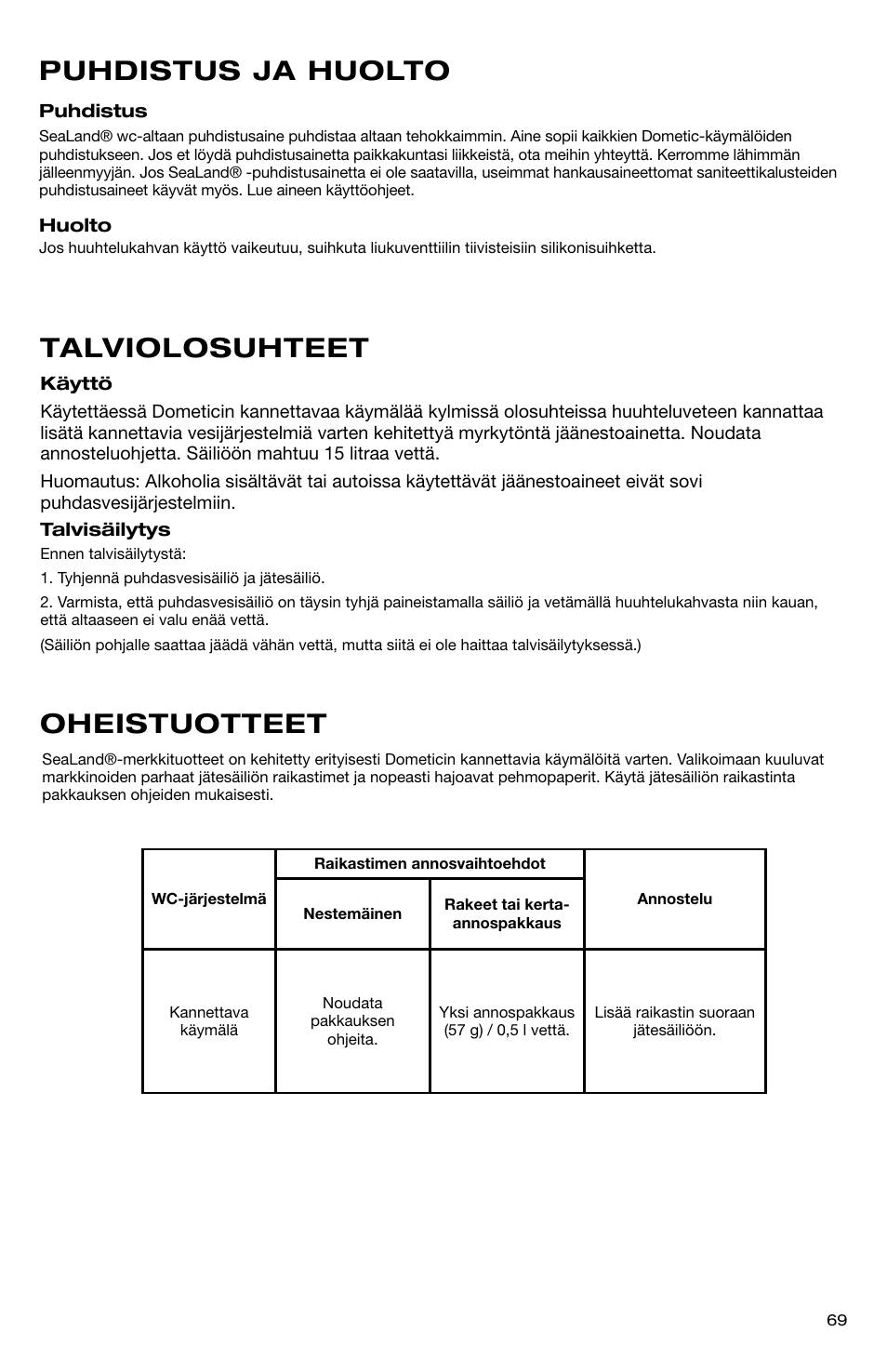 Talviolosuhteet oheistuotteet puhdistus ja huolto | SeaLand 966 Series User Manual | Page 69 / 72