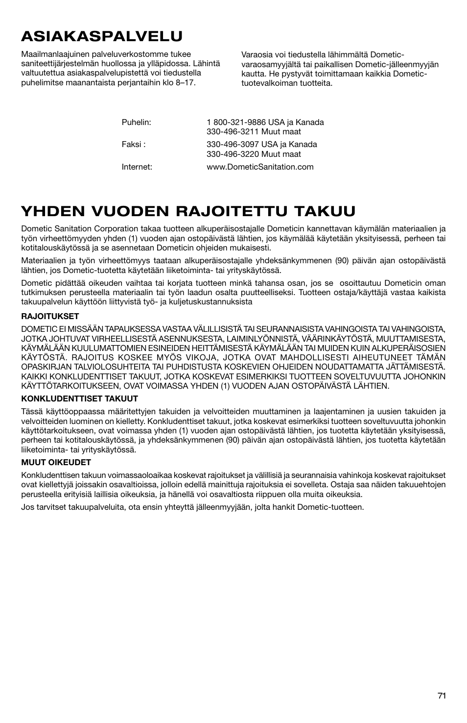 Yhden vuoden rajoitettu takuu asiakaspalvelu | SeaLand 966 Series User Manual | Page 71 / 72
