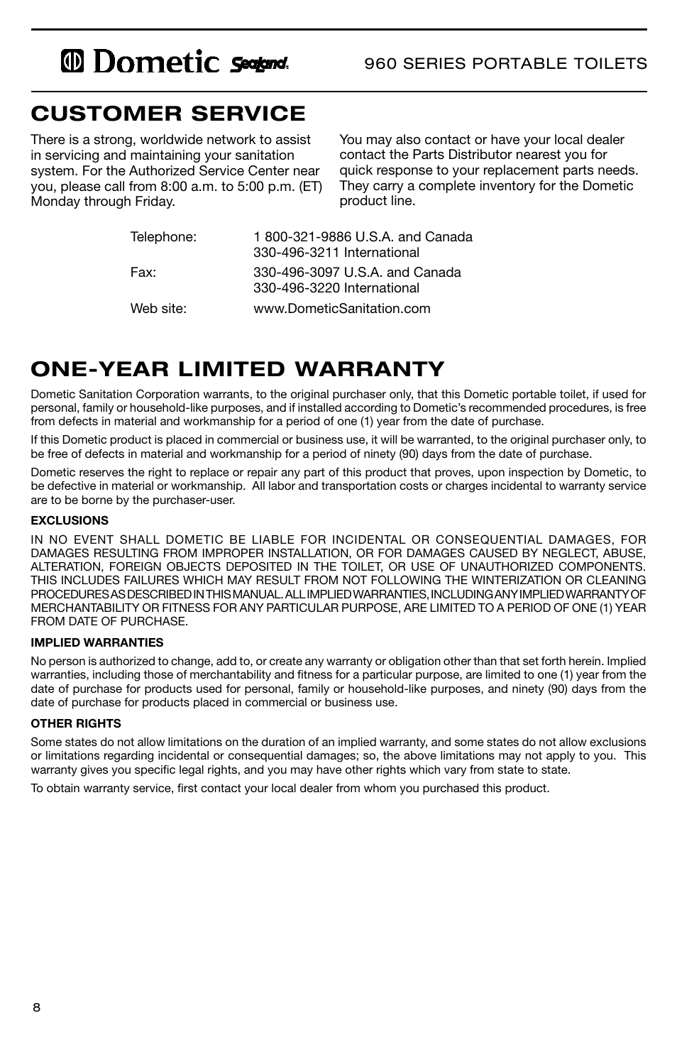 One-year limited warranty customer service | SeaLand 966 Series User Manual | Page 8 / 72