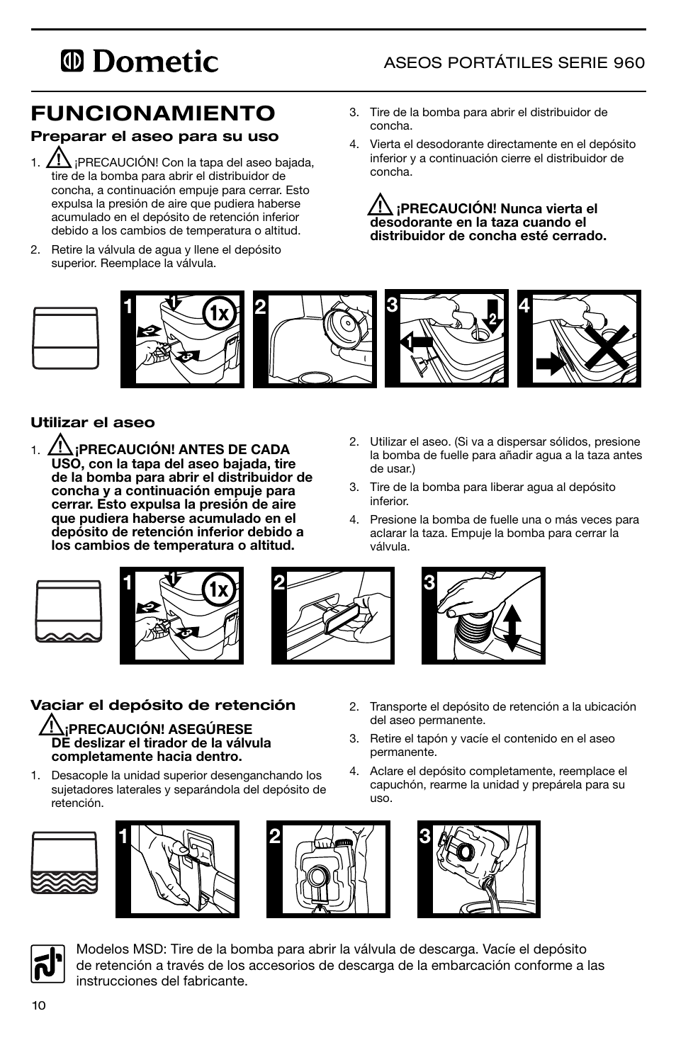 Funcionamiento | SeaLand 960 Series SaniPottie Portable Toilet User Manual | Page 10 / 24