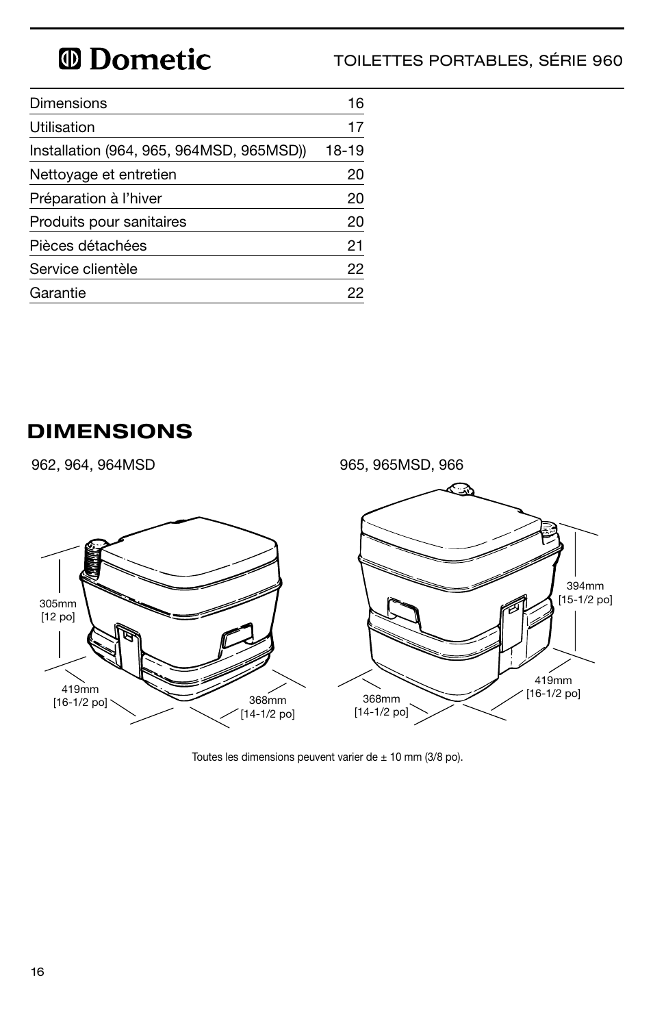 Dimensions | SeaLand 960 Series SaniPottie Portable Toilet User Manual | Page 16 / 24