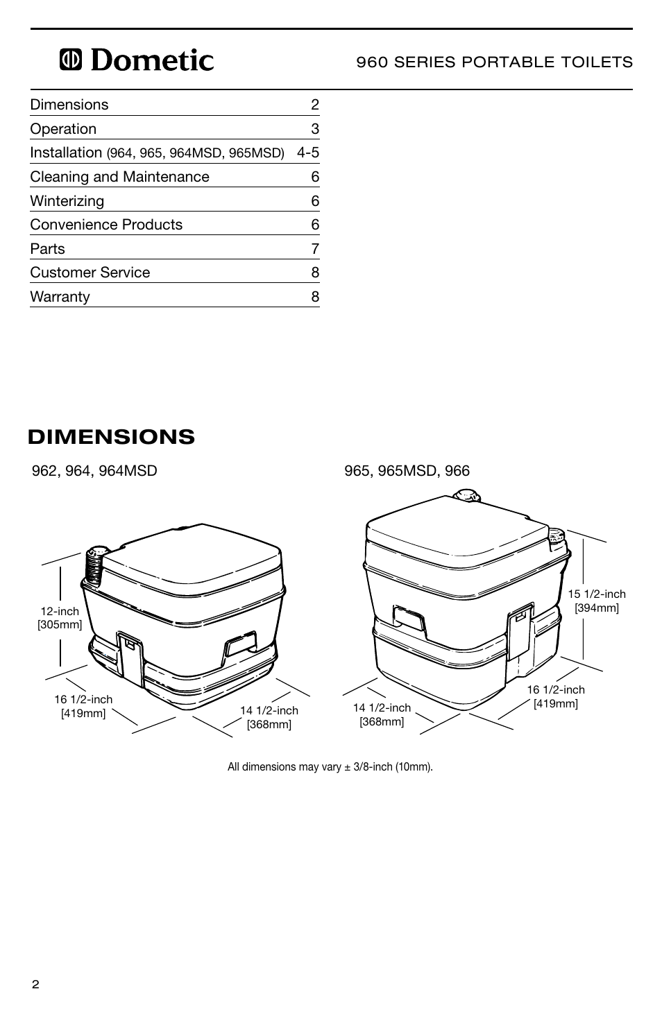 Dimensions | SeaLand 960 Series SaniPottie Portable Toilet User Manual | Page 2 / 24