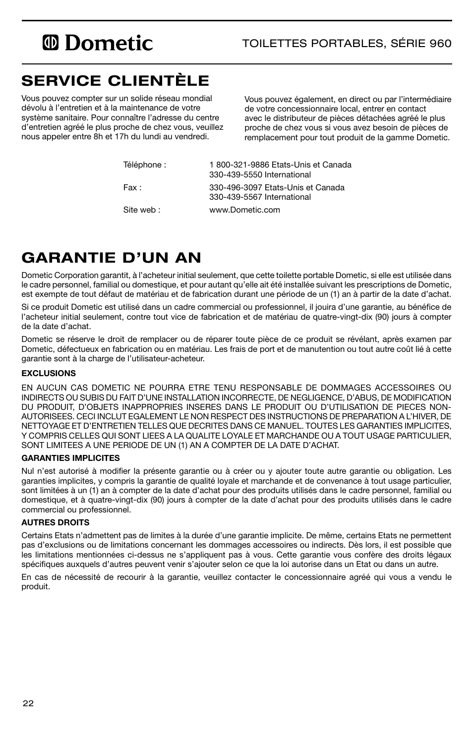 Garantie d’un an service clientèle, 960 series portable toilets, Toilettes portables, série 960 | SeaLand 960 Series SaniPottie Portable Toilet User Manual | Page 22 / 24