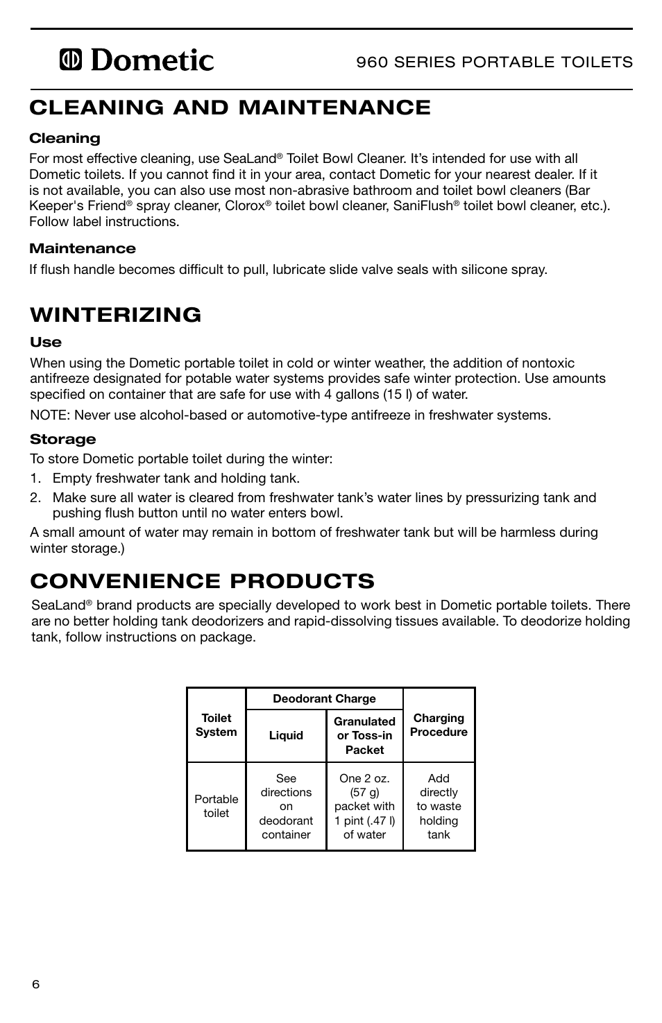 960 series portable toilets | SeaLand 960 Series SaniPottie Portable Toilet User Manual | Page 6 / 24