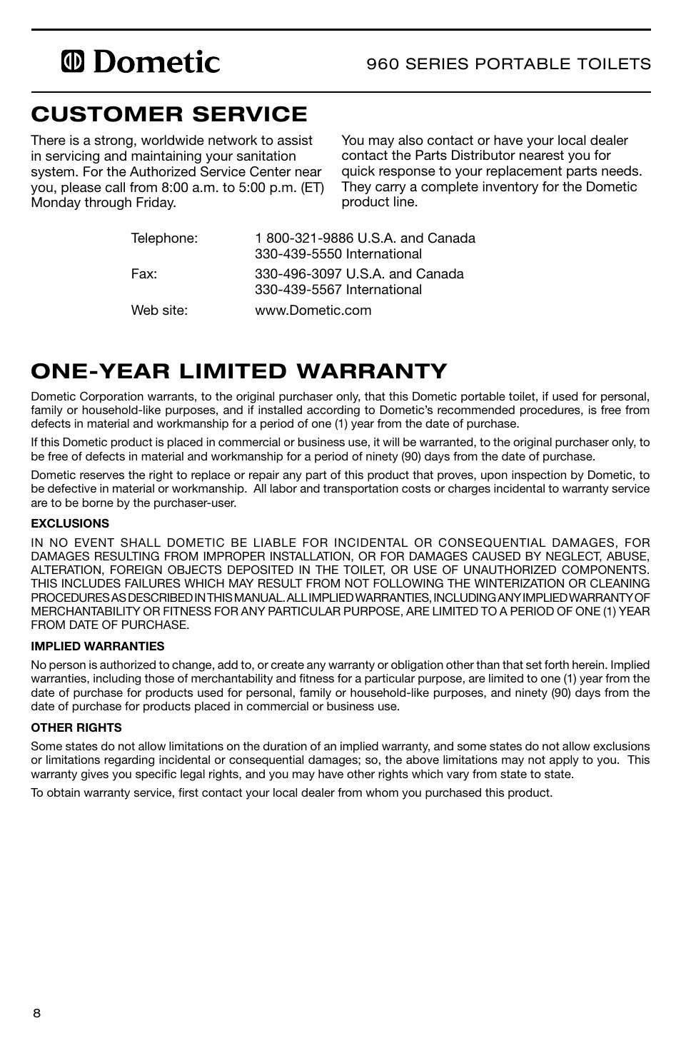 One-year limited warranty customer service | SeaLand 960 Series SaniPottie Portable Toilet User Manual | Page 8 / 24
