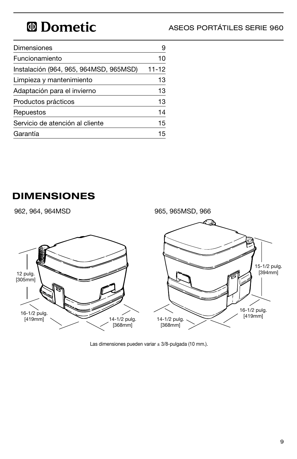 Dimensiones | SeaLand 960 Series SaniPottie Portable Toilet User Manual | Page 9 / 24