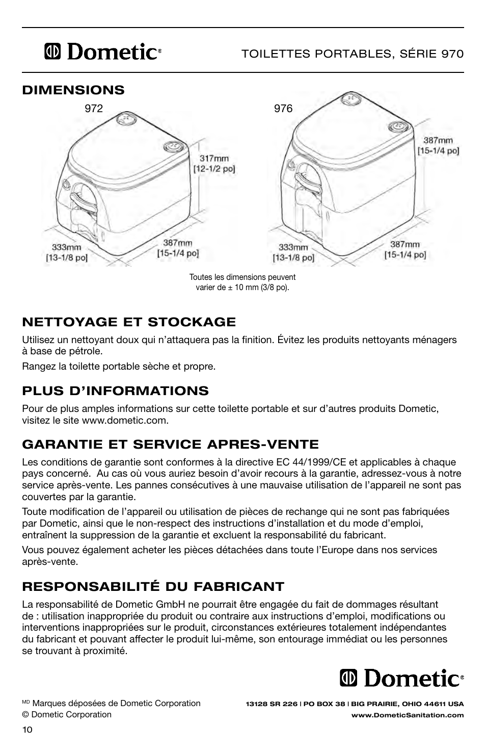 Plus d’informations, Nettoyage et stockage, Garantie et service apres-vente | Responsabilité du fabricant, Dimensions | SeaLand 976 Portable Toilets User Manual | Page 10 / 52