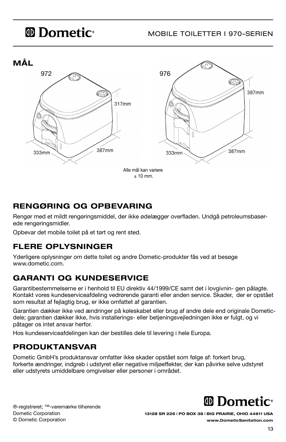 Flere oplysninger, Rengøring og opbevaring, Garanti og kundeservice | Produktansvar | SeaLand 976 Portable Toilets User Manual | Page 13 / 52