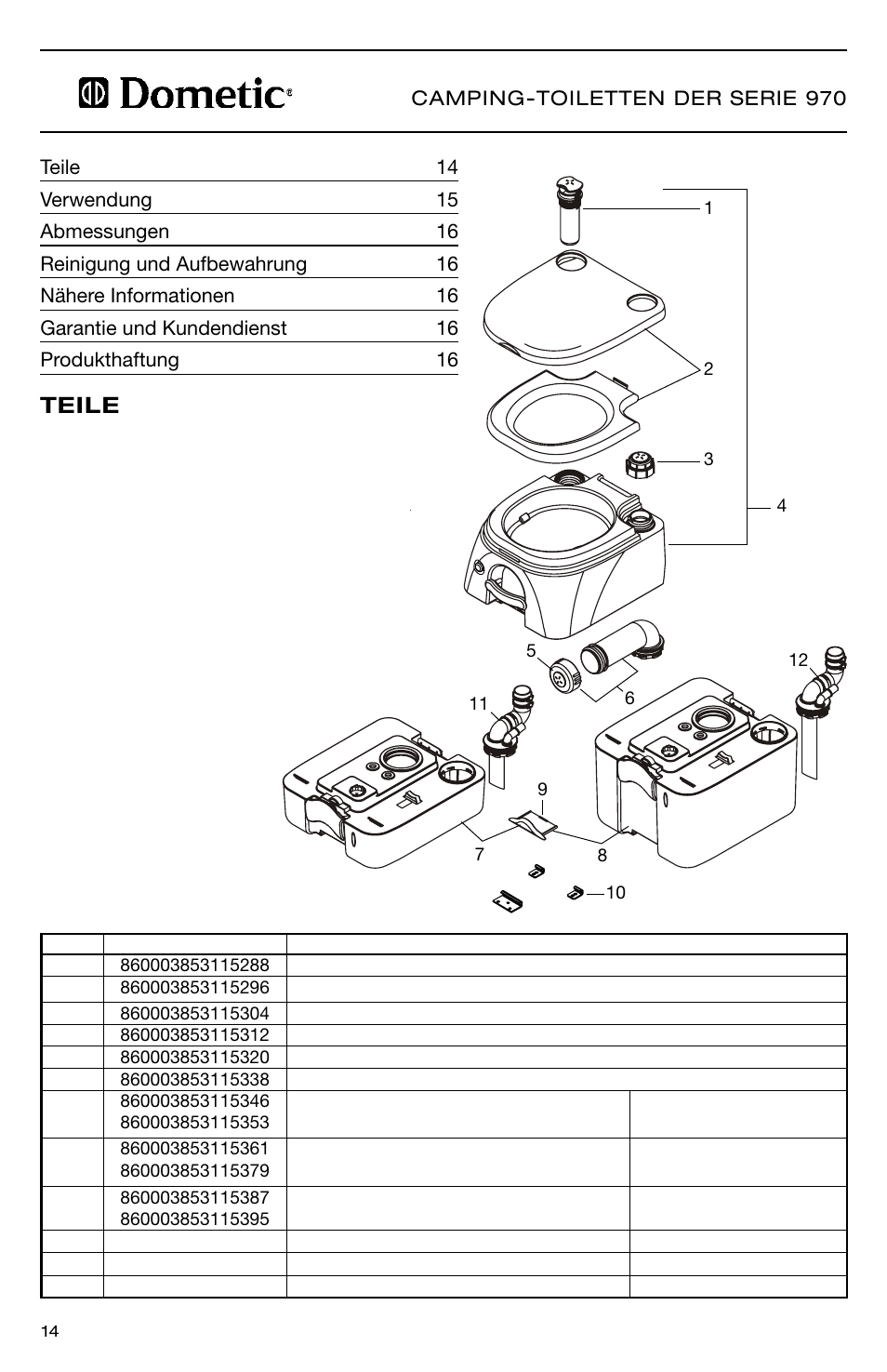 Teile | SeaLand 976 Portable Toilets User Manual | Page 14 / 52