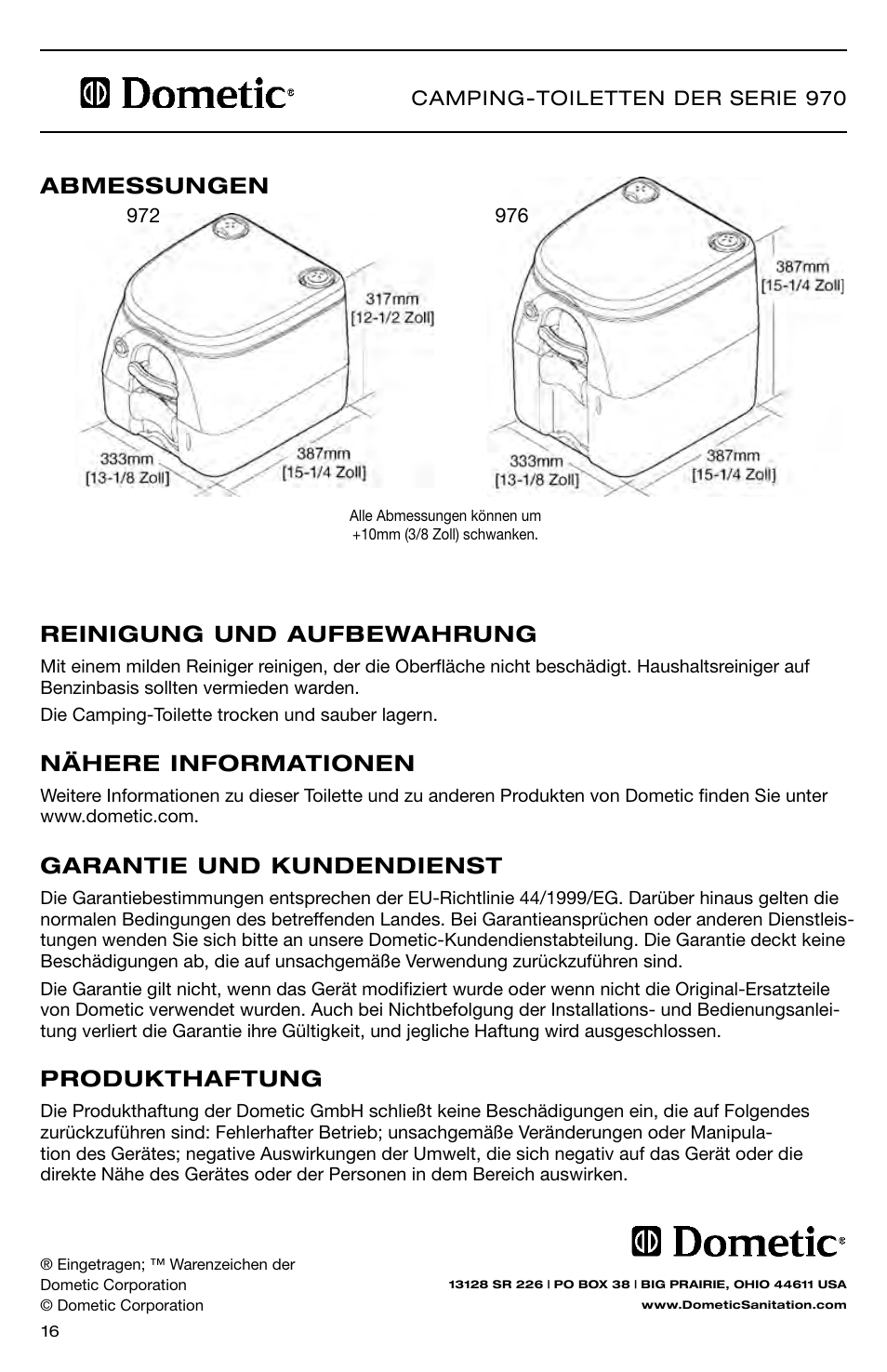 Produkthaftung, Garantie und kundendienst, Nähere informationen | Reinigung und aufbewahrung, Abmessungen | SeaLand 976 Portable Toilets User Manual | Page 16 / 52