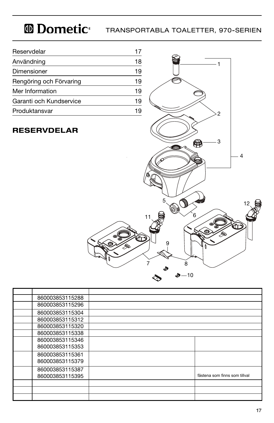 Reservdelar | SeaLand 976 Portable Toilets User Manual | Page 17 / 52