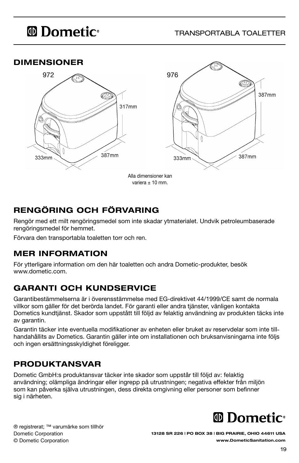 Produktansvar, Garanti och kundservice, Mer information | Rengöring och förvaring, Dimensioner | SeaLand 976 Portable Toilets User Manual | Page 19 / 52