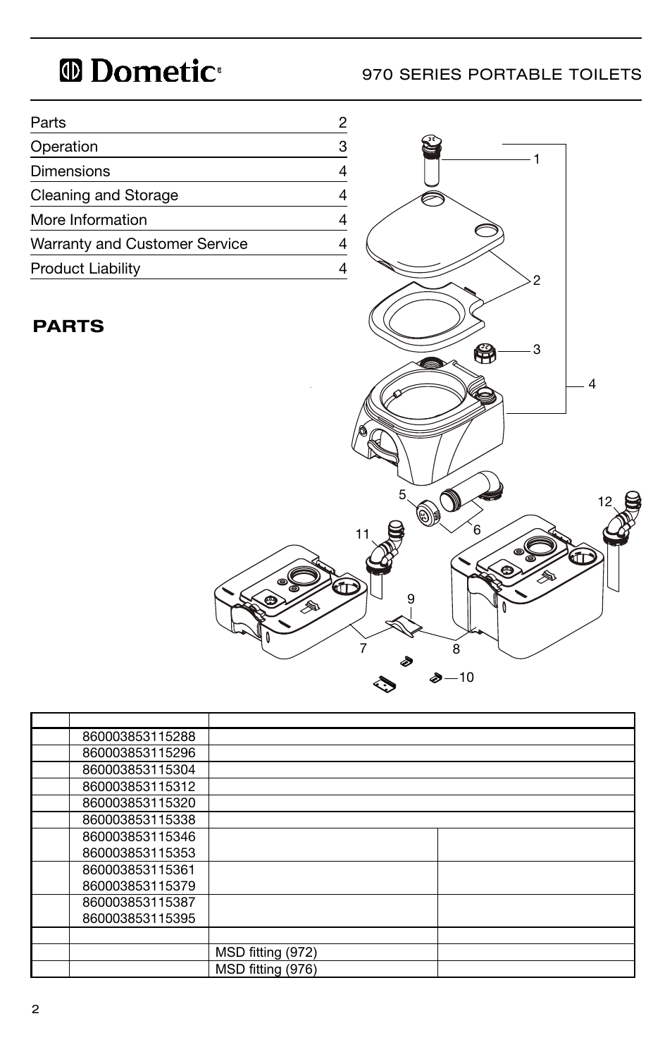 Parts | SeaLand 976 Portable Toilets User Manual | Page 2 / 52