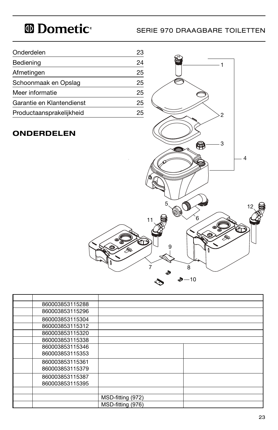 Onderdelen | SeaLand 976 Portable Toilets User Manual | Page 23 / 52